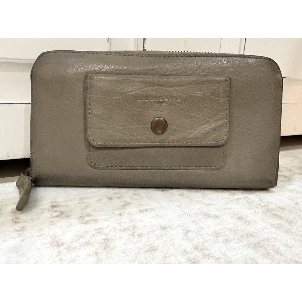 Liebeskind Berlin Khaki Taupe Distressed Leather Zip Around Wallet Clutch 8.5"